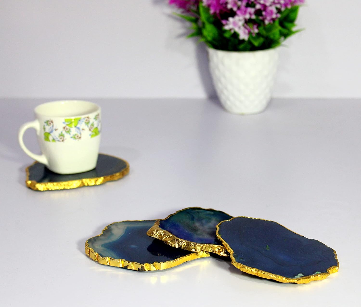 eSplanade Natural Agate Coasters Bar Beer Coffee Tea Coaster - Set of 4 Coasters - Perfect Table Accessories Tableware (Blue)